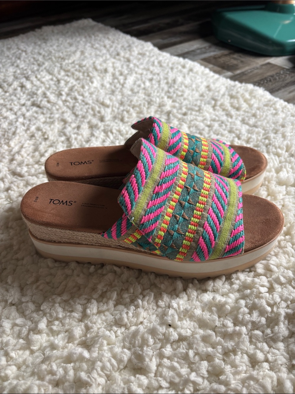 TOMS Multicolor Braided Platform Slide Sandals (Pink, Green, Yellow, Teal)